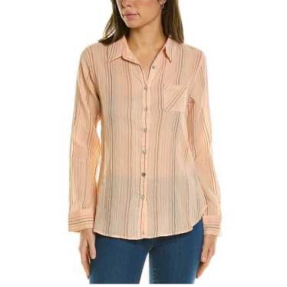 Anthropologie Chaser Seas Embroidered Peach Striped Button-Down Shirt